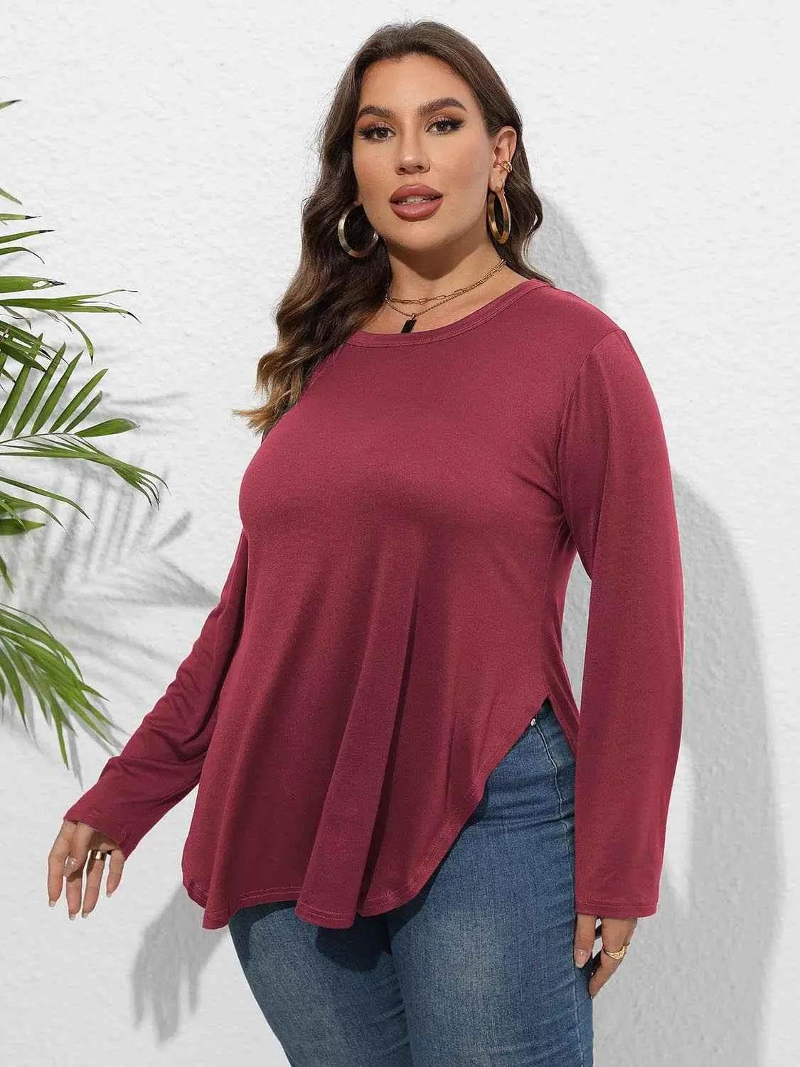 Plus Size Round Neck Long Sleeve Slit T-Shirt women Attire by Trendsi