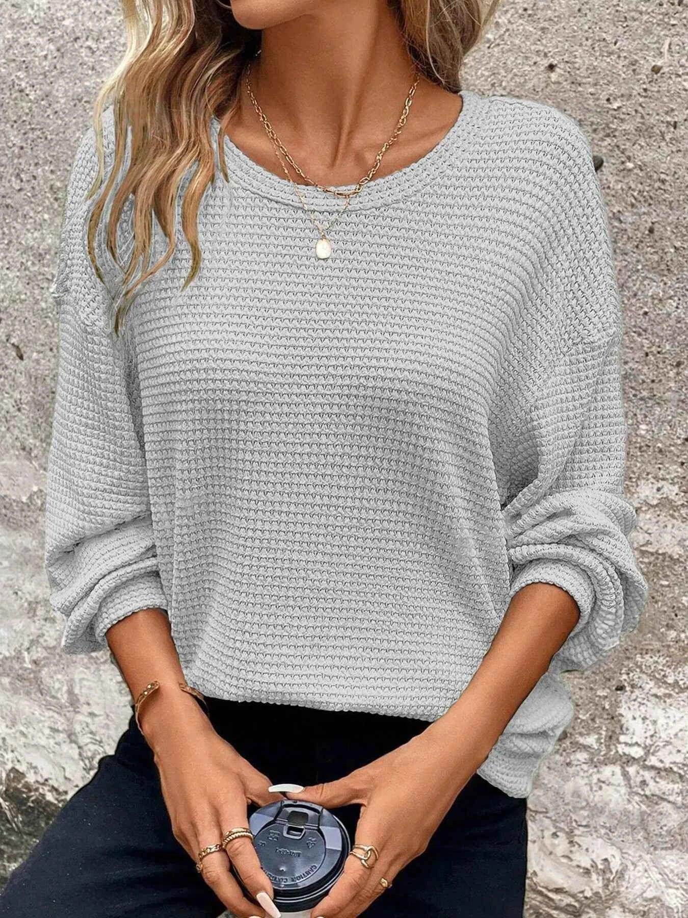 Plus Size Relaxed Fit Waffle Knit Round Neck T-Shirt women Attire by Trendsi