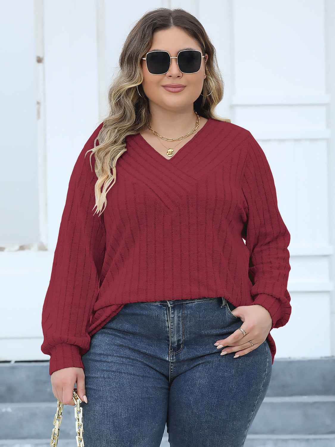 Plus Size Ribbed V-Neck Long Sleeve Top women Attire by Trendsi
