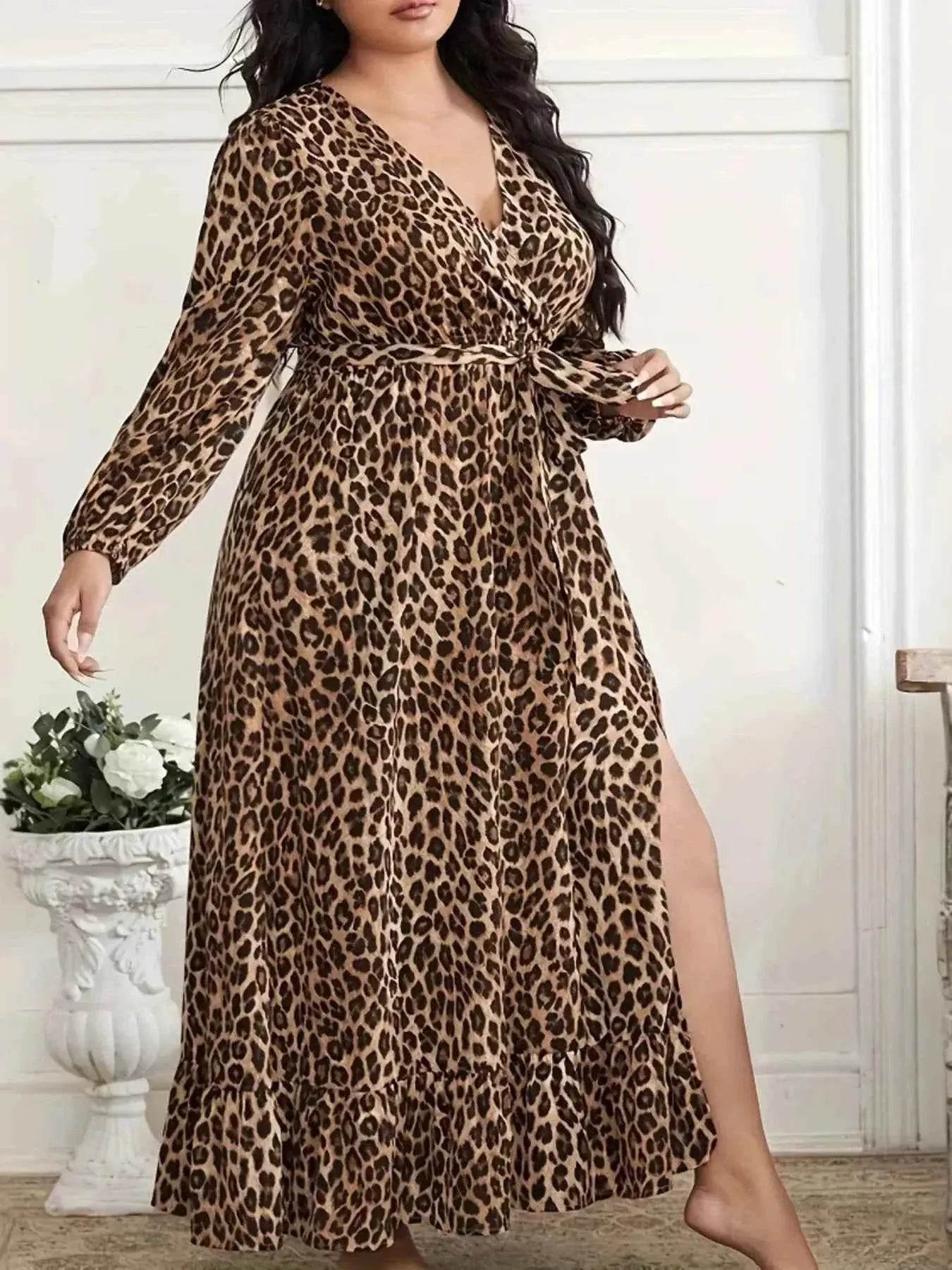 Plus Size Leopard Print Surplice Maxi Dress women Attire by Trendsi