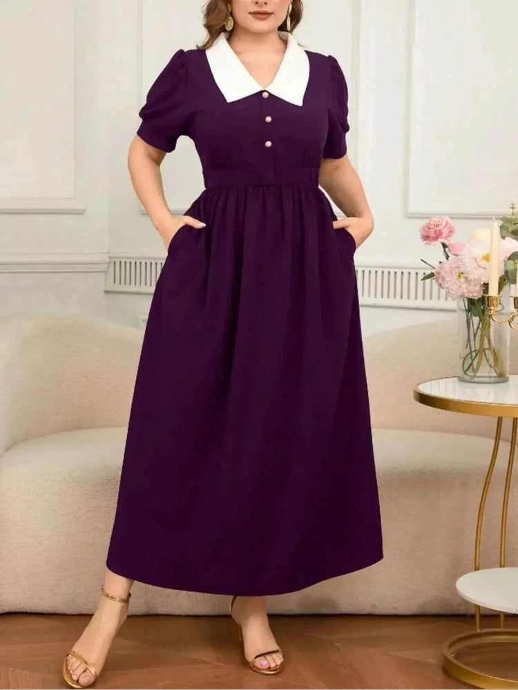 Plus Size Contrast Collar Short Sleeve Dress women Attire by Trendsi