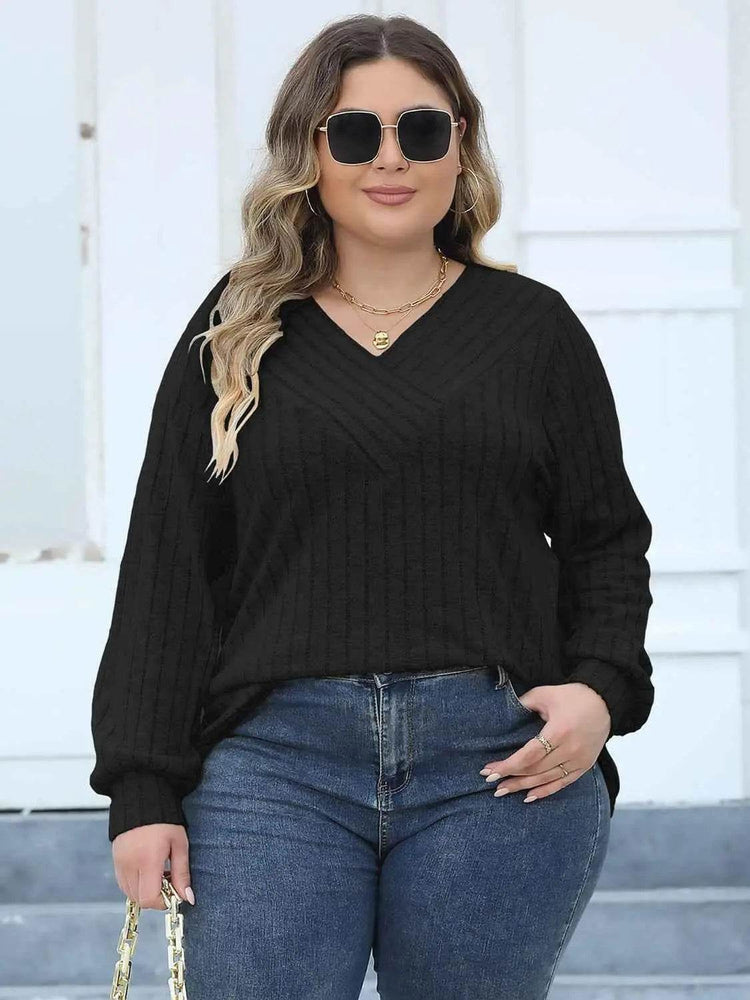 Plus Size Ribbed V-Neck Long Sleeve Top women Attire by Trendsi