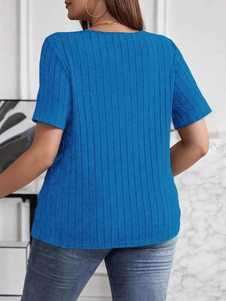 Plus Size V-Neck Short Sleeve Ribbed T-Shirt women Attire by Trendsi
