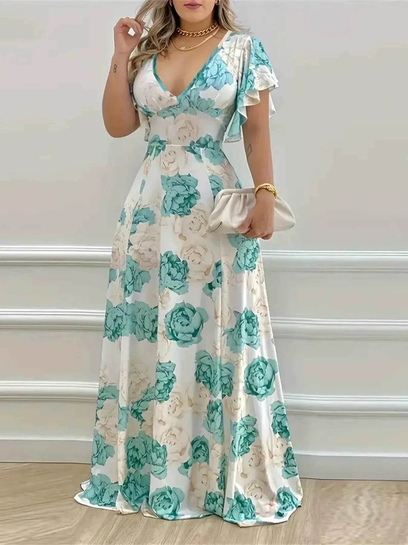 Plus Size Floral Print V-Neck Maxi Dress with Flutter Sleeves women Attire by Trendsi