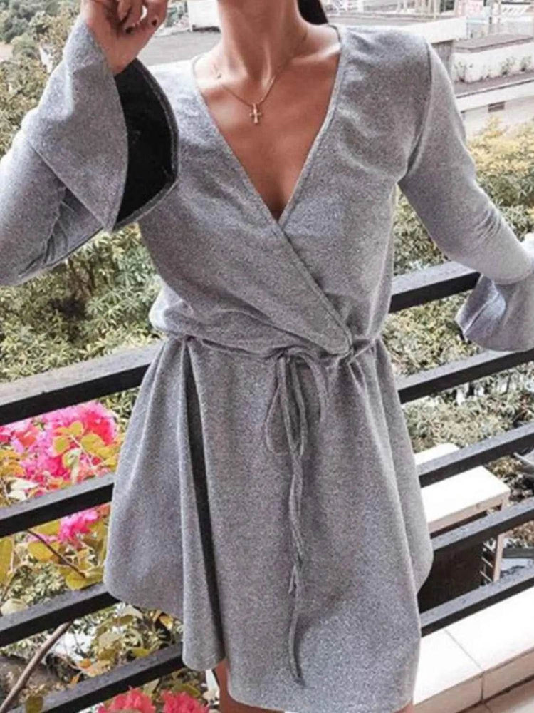 Ivy Lane Plus Size Surplice Neck Flare Sleeve Dress women Attire by Trendsi