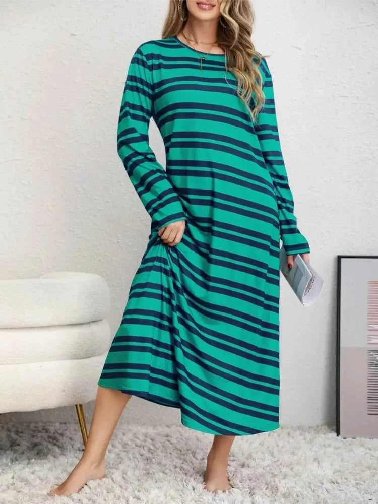 Plus Size Striped Round Neck Long Sleeve Tee Dress women Attire by Trendsi