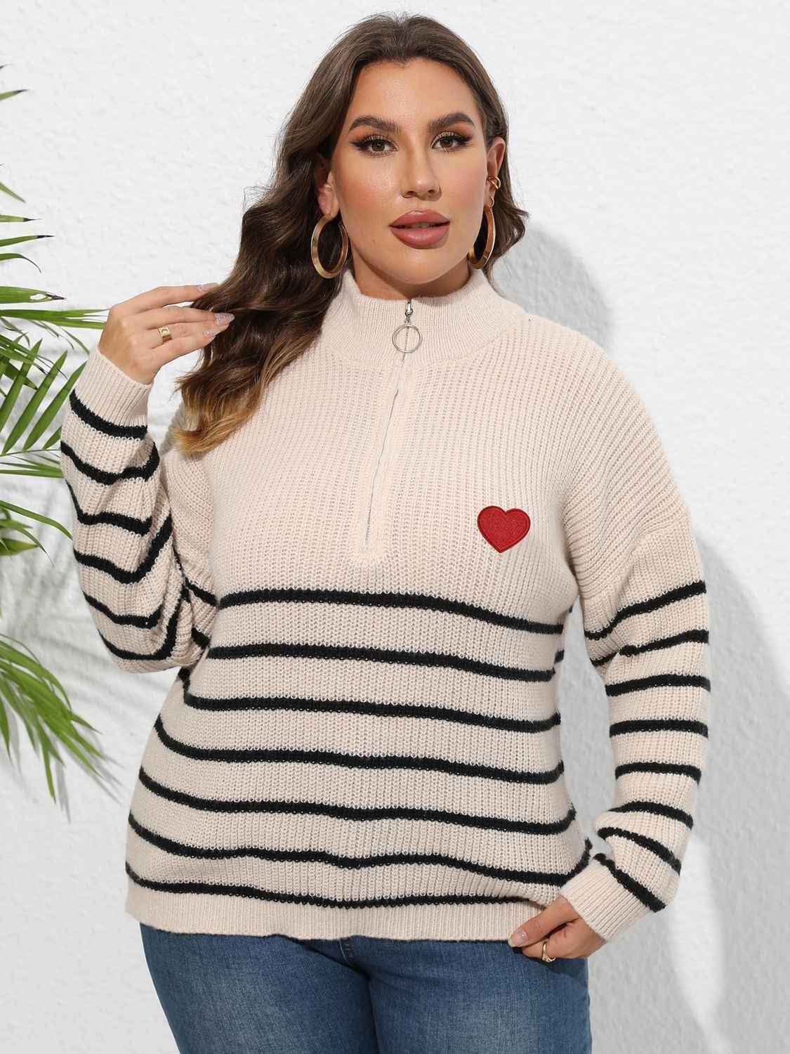 Plus Size Zip-Up Striped Sweater women Attire by Trendsi