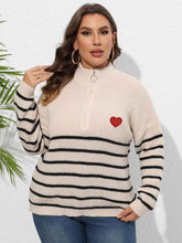 Plus Size Zip-Up Striped Sweater women Attire by Trendsi