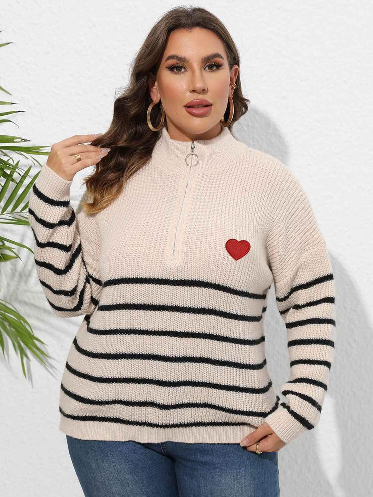 Plus Size Zip-Up Striped Sweater women Attire by Trendsi