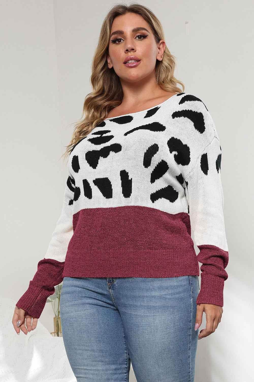 Plus Size Leopard Round Neck Long Sleeve Sweater women Attire by Trendsi