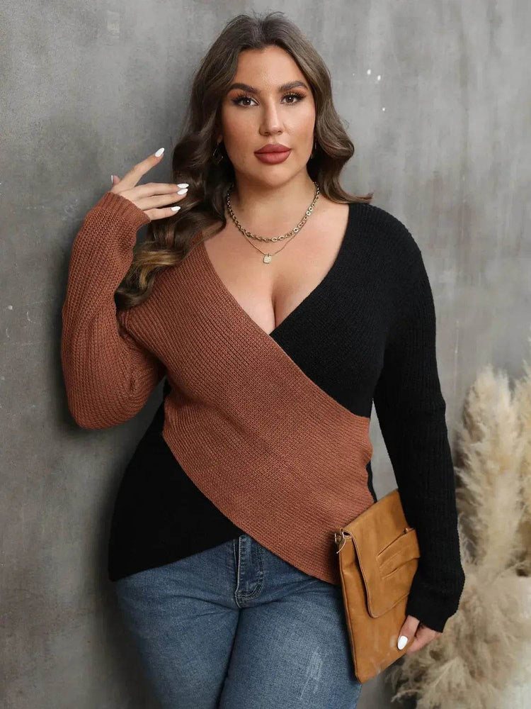 Plus Size Two-Tone Surplice Neck Sweater women Attire by Trendsi