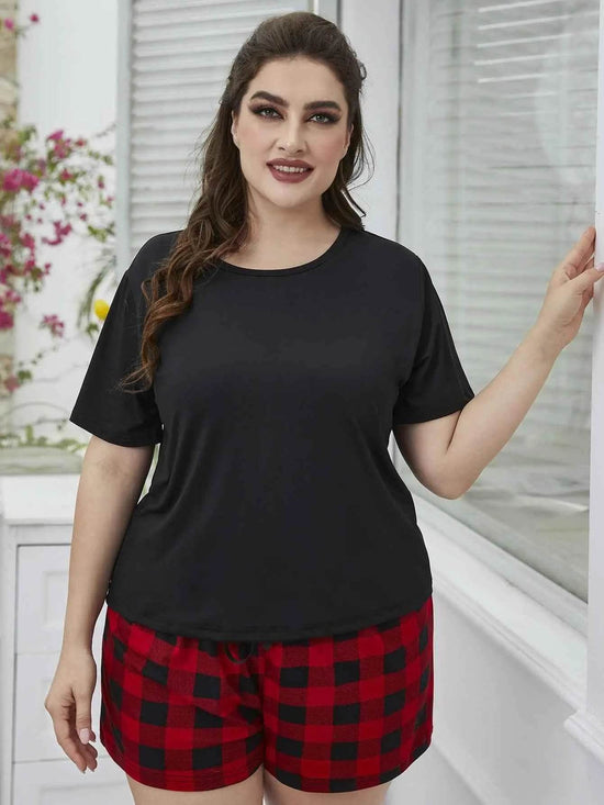 Plus Size Round Neck Tee Shirt and Plaid Shorts Lounge Set women Attire by Trendsi