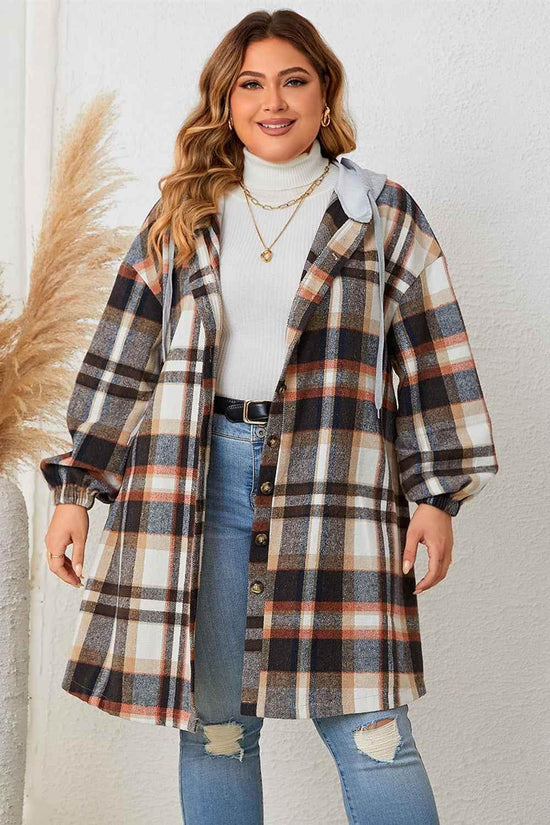 Honey Plus Size Plaid Drop Shoulder Hooded Coat women Attire by Trendsi