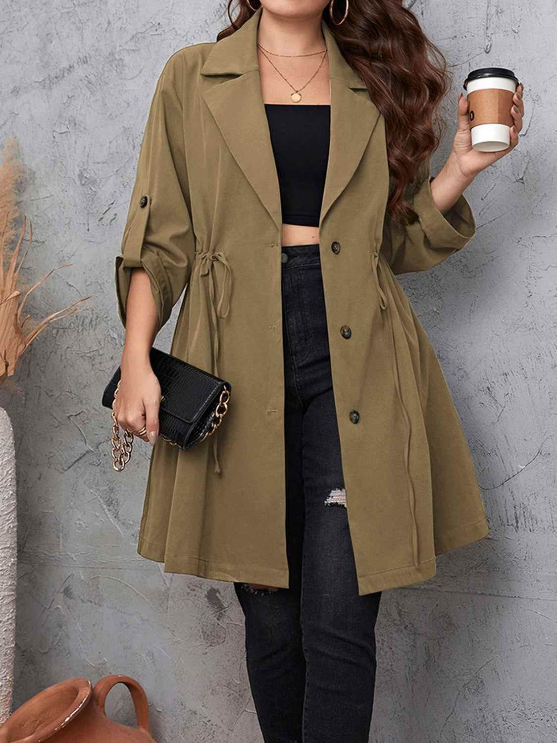 Honey Plus Size Lapel Collar Drawstring Roll-Tab Sleeve Trench Coat women Attire by Trendsi