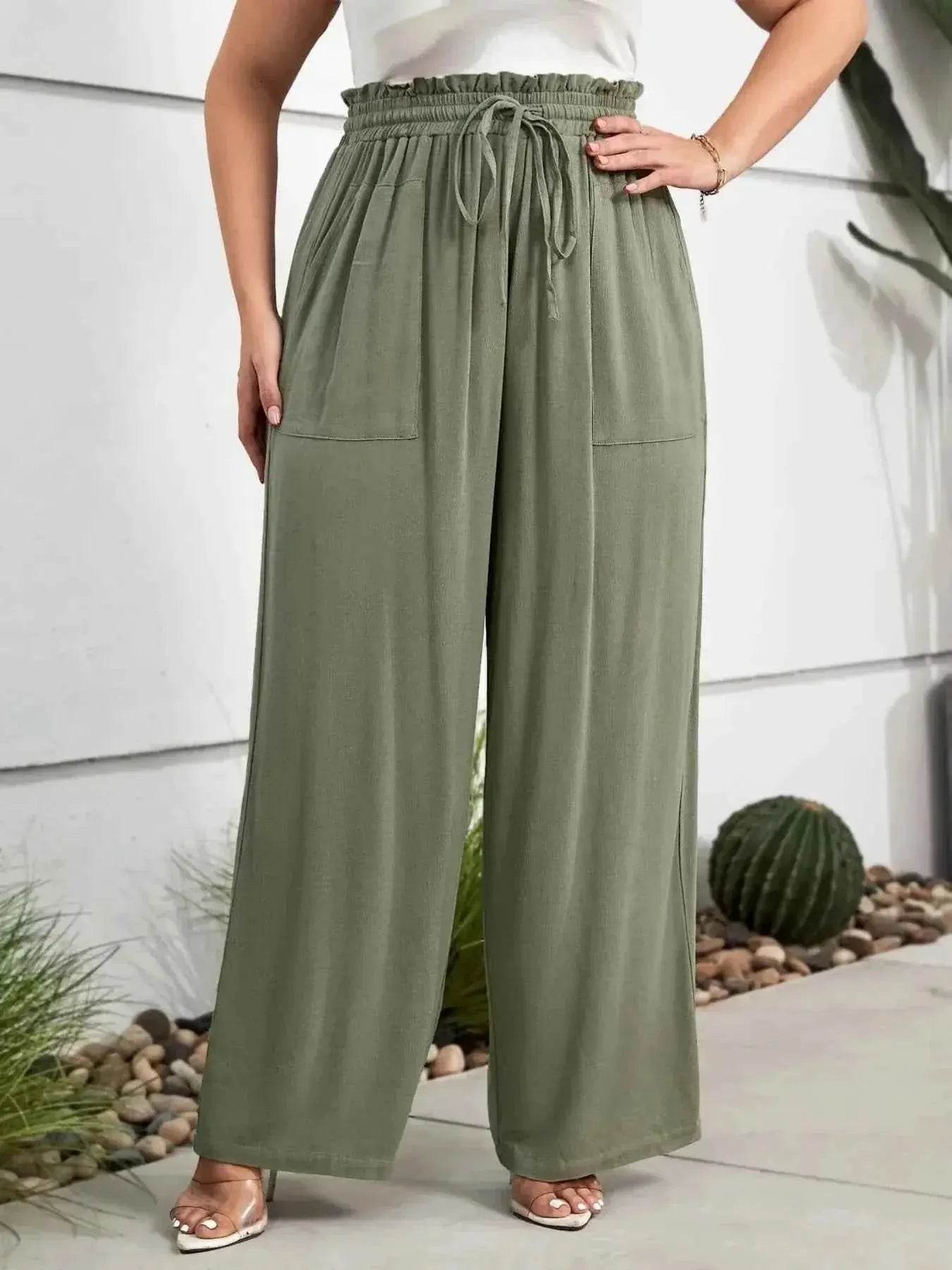 Plus Size High Waist Wide Leg Drawstring Pants women Attire by Trendsi