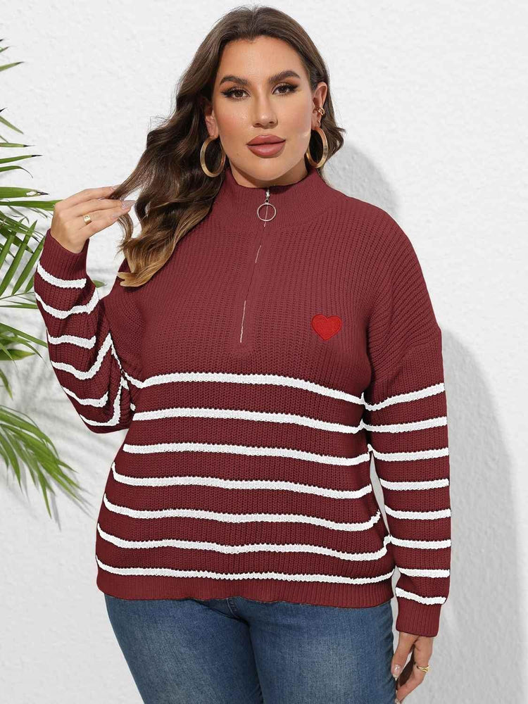 Plus Size Zip-Up Striped Sweater women Attire by Trendsi