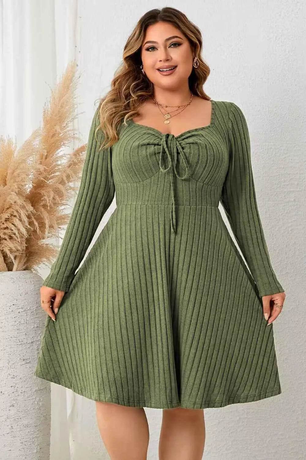 Honey Plus Size Sweetheart Neck Long Sleeve Ribbed Dress women Attire by Trendsi