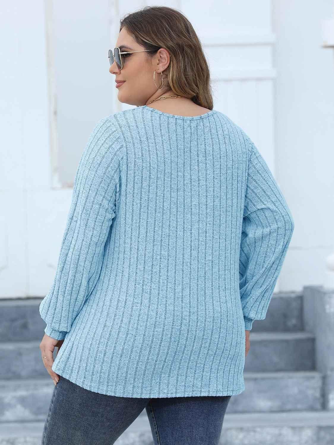 Plus Size Ribbed V-Neck Long Sleeve Top women Attire by Trendsi
