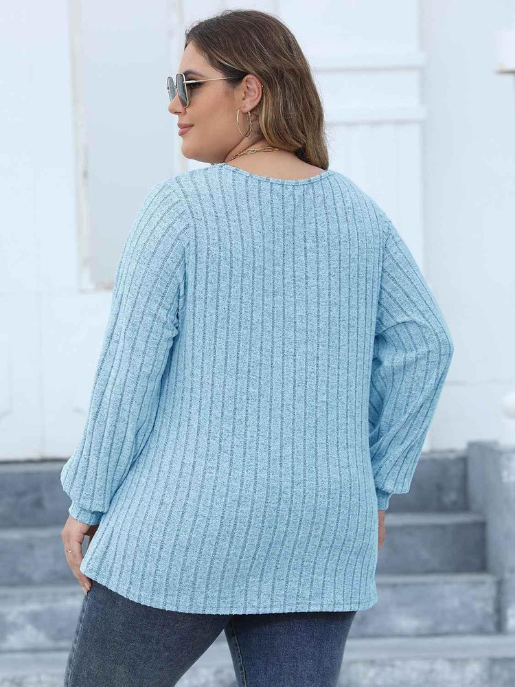 Plus Size Ribbed V-Neck Long Sleeve Top women Attire by Trendsi