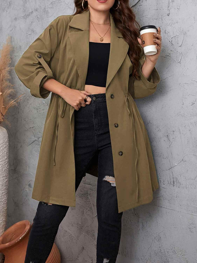 Honey Plus Size Lapel Collar Drawstring Roll-Tab Sleeve Trench Coat women Attire by Trendsi