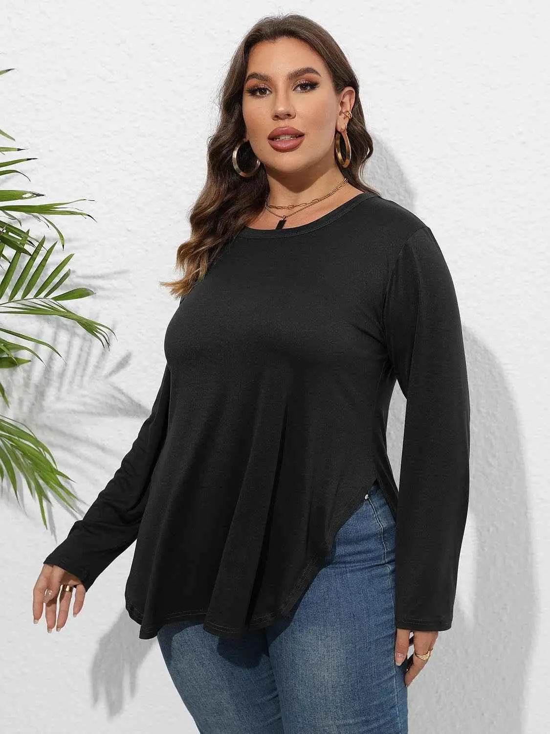 Plus Size Round Neck Long Sleeve Slit T-Shirt women Attire by Trendsi