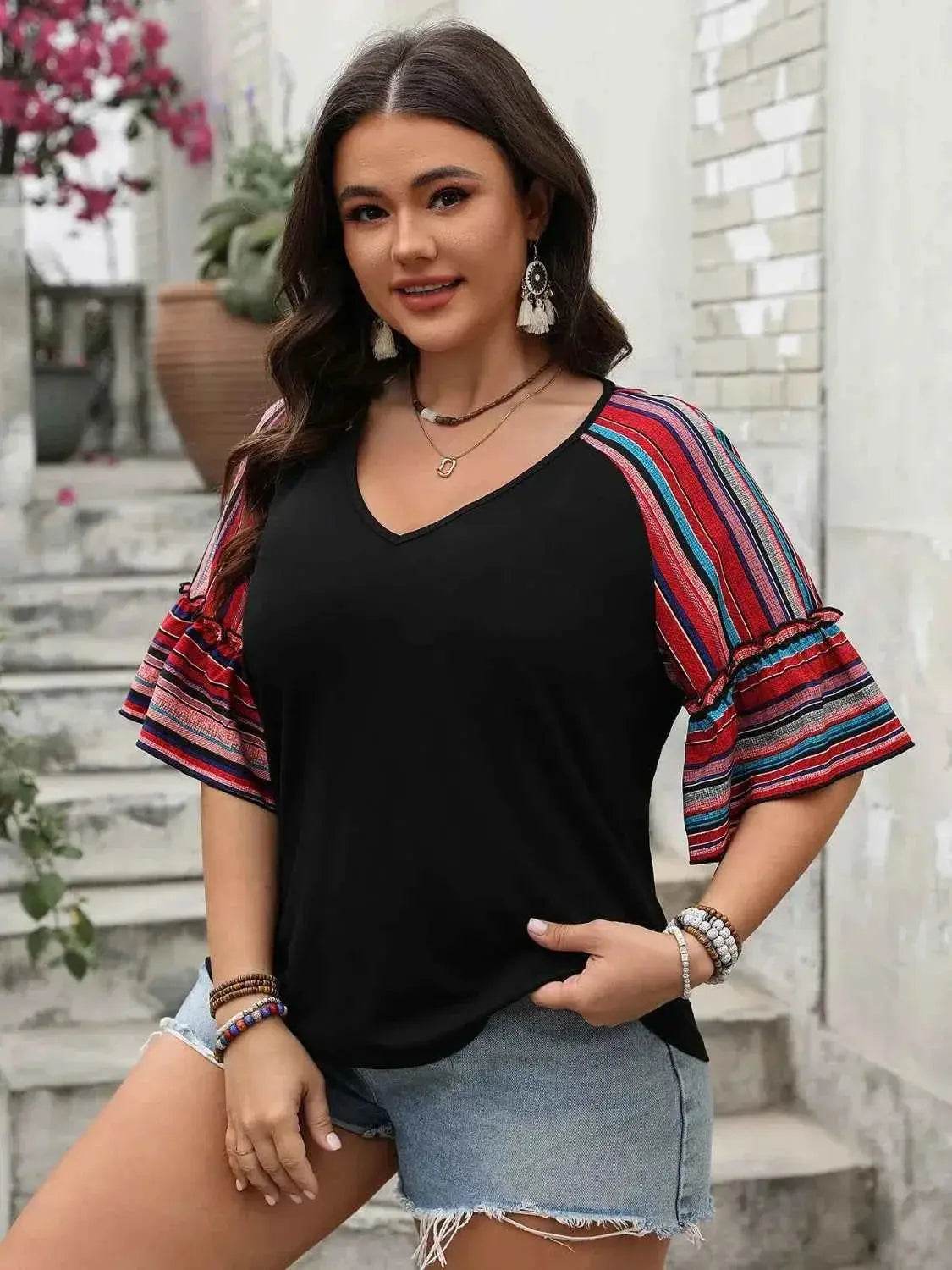 Plus Size V-Neck Flounce Sleeve Top women Attire by Trendsi