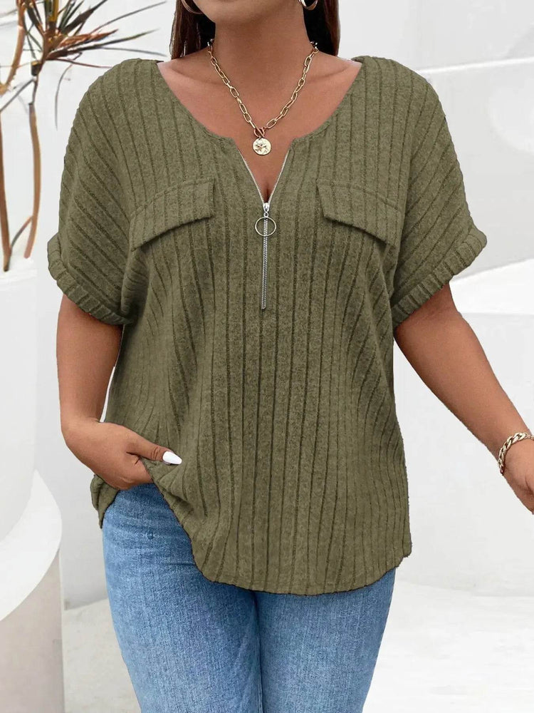 Plus Size Ribbed Half Zip Relaxed Fit T-Shirt women Attire by Trendsi