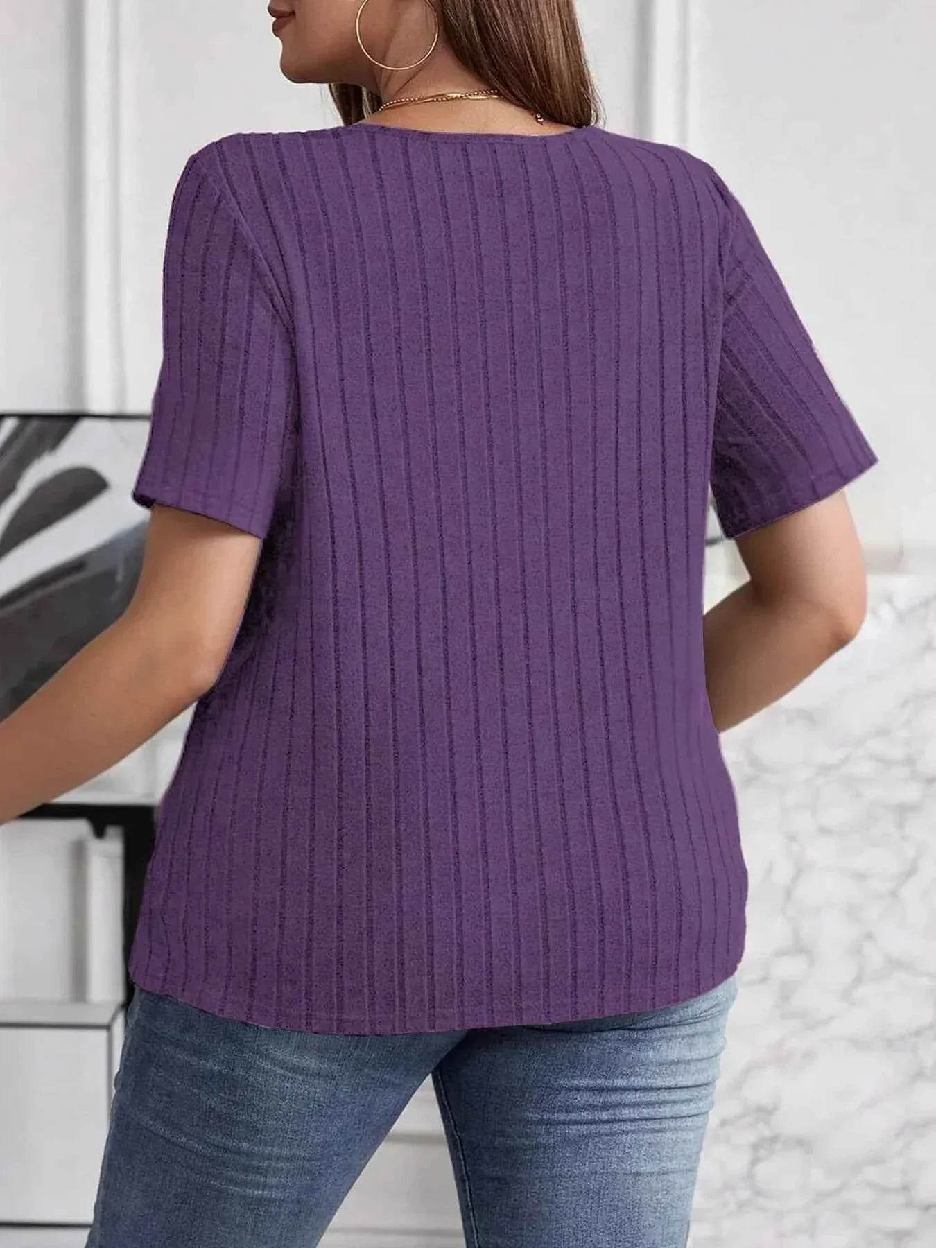 Plus Size V-Neck Short Sleeve Ribbed T-Shirt women Attire by Trendsi
