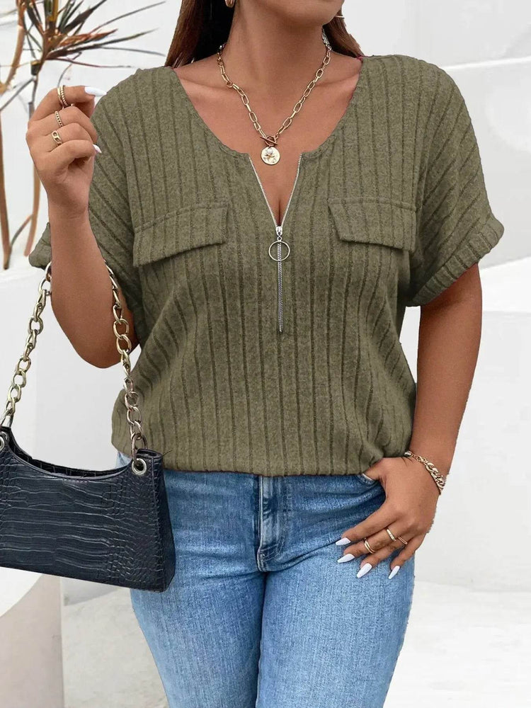 Plus Size Ribbed Half Zip Relaxed Fit T-Shirt women Attire by Trendsi