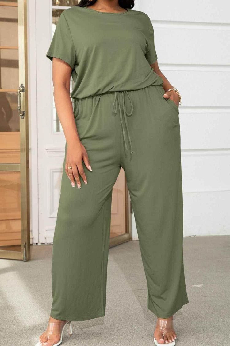 Plus Size Drawstring Waist Short Sleeve Jumpsuit women Attire by Trendsi