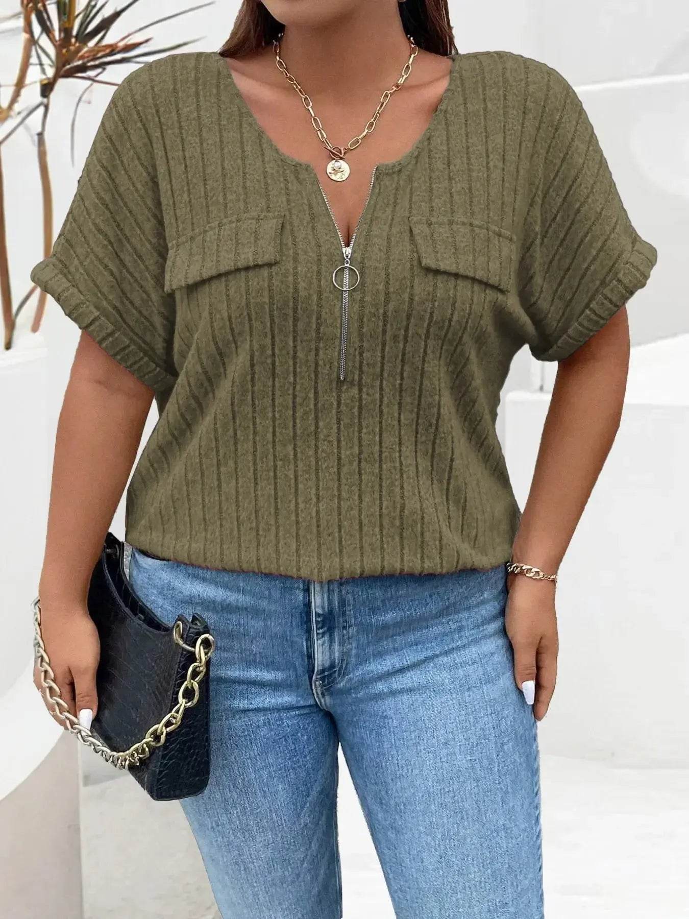 Plus Size Ribbed Half Zip Relaxed Fit T-Shirt women Attire by Trendsi