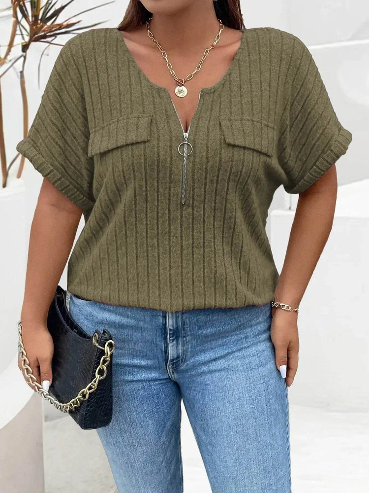 Plus Size Ribbed Half Zip Relaxed Fit T-Shirt women Attire by Trendsi