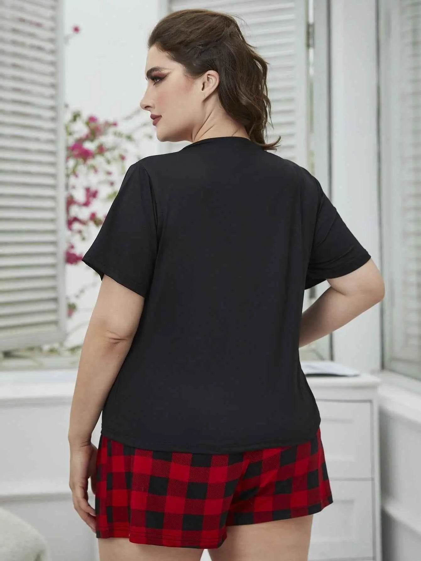 Plus Size Round Neck Tee Shirt and Plaid Shorts Lounge Set women Attire by Trendsi