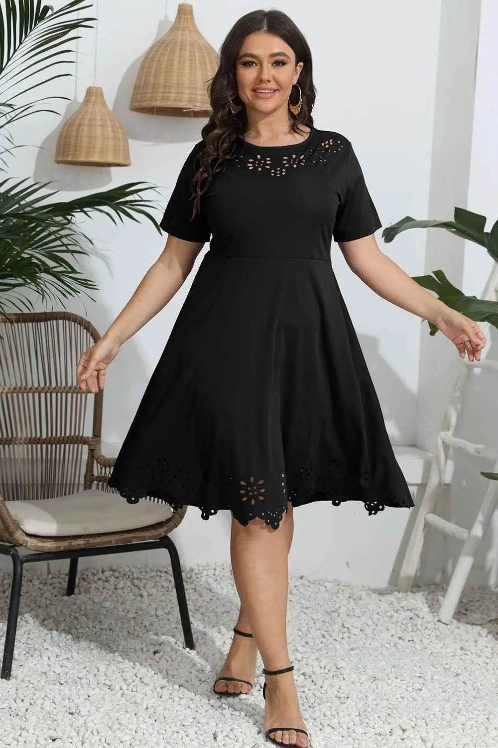 Plus Size Round Neck Openwork Dress women Attire by Trendsi