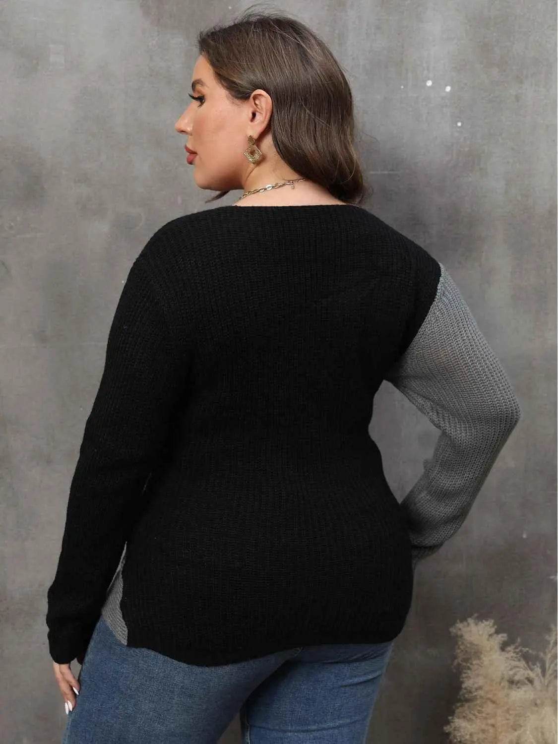 Plus Size Two-Tone Surplice Neck Sweater women Attire by Trendsi