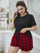 Plus Size Round Neck Tee Shirt and Plaid Shorts Lounge Set women Attire by Trendsi
