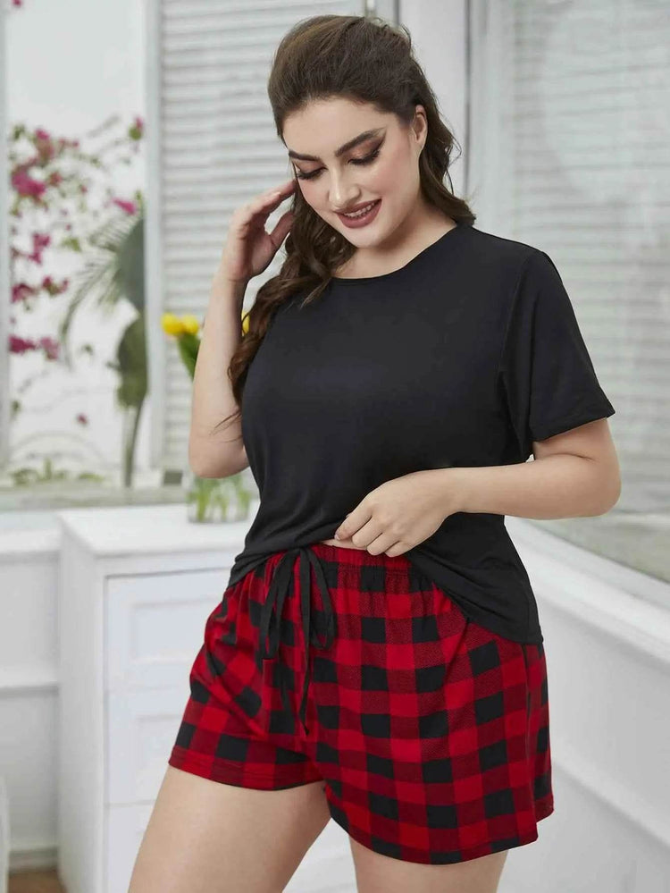 Plus Size Round Neck Tee Shirt and Plaid Shorts Lounge Set women Attire by Trendsi