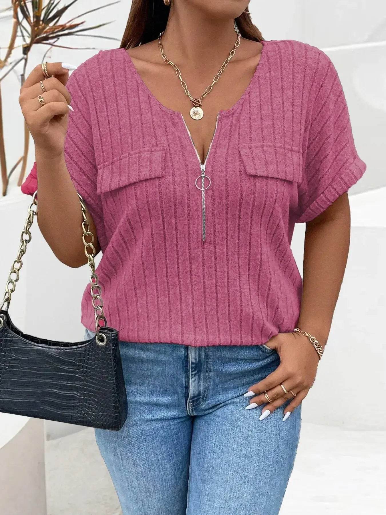 Plus Size Ribbed Half Zip Relaxed Fit T-Shirt women Attire by Trendsi