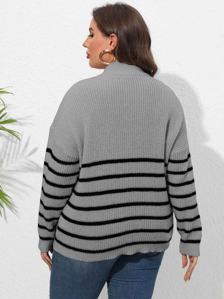 Plus Size Zip-Up Striped Sweater women Attire by Trendsi