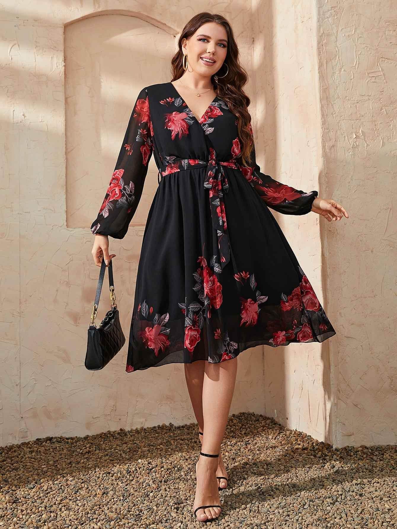 Honey Plus Size Floral Surplice Neck Tie Waist Dress women Attire by Trendsi