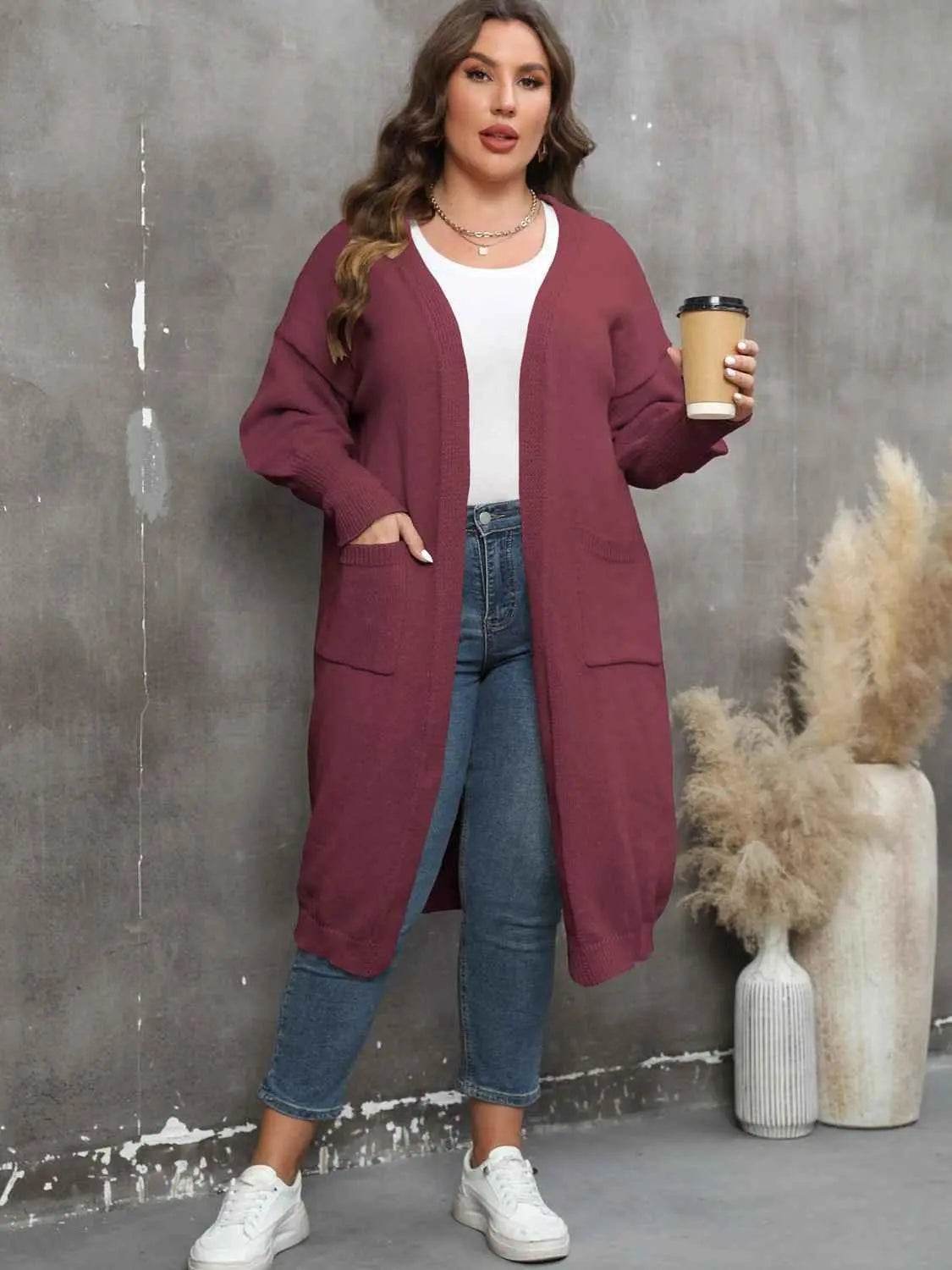 Plus Size Long Sleeve Pocketed Cardigan women Attire by Trendsi