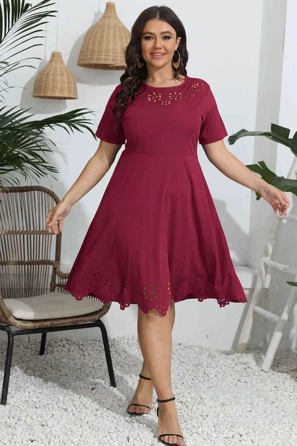 Plus Size Round Neck Openwork Dress women Attire by Trendsi