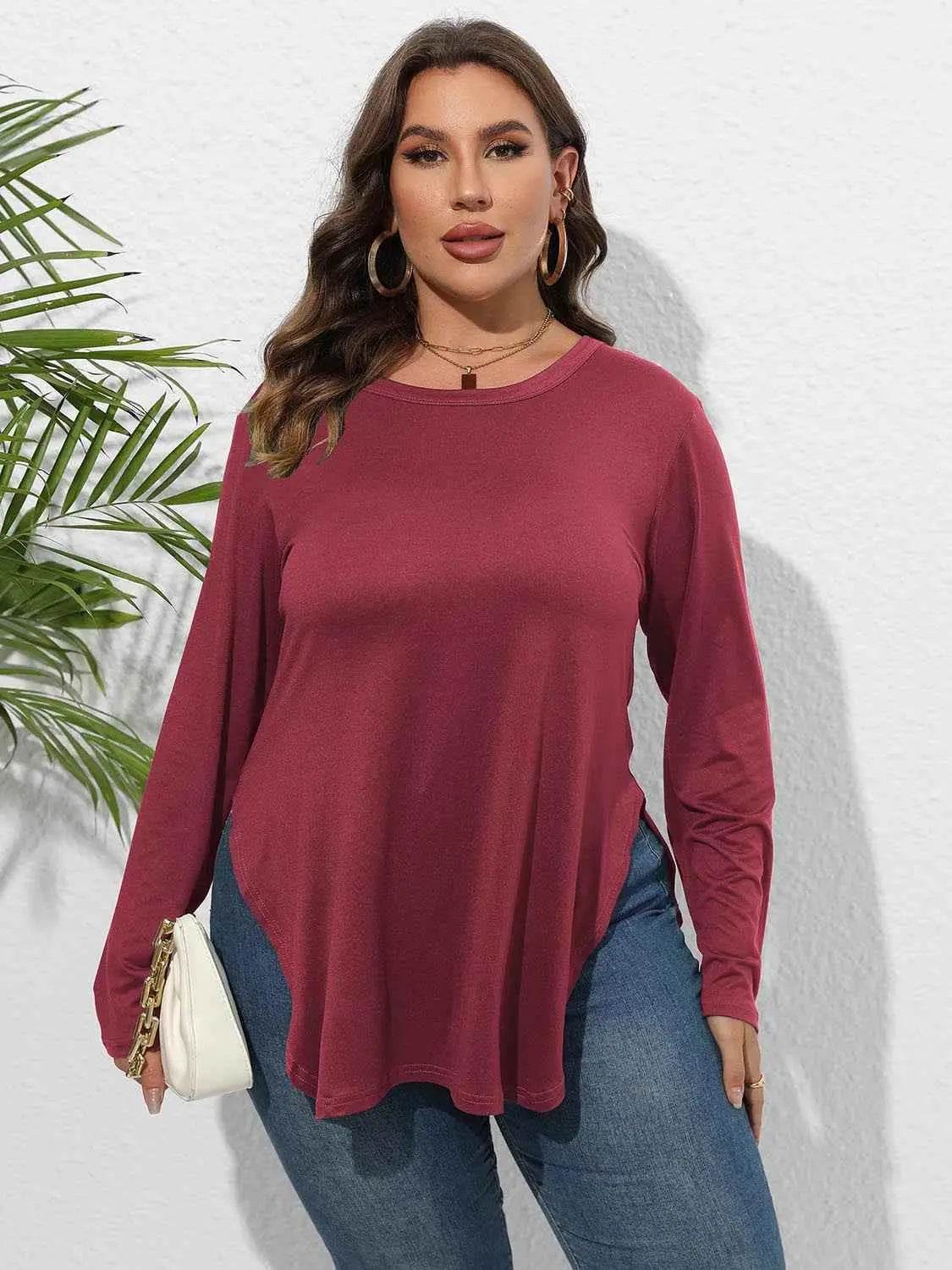 Plus Size Round Neck Long Sleeve Slit T-Shirt women Attire by Trendsi