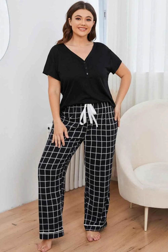 Plus Size V-Neck Top and Plaid Pants Lounge Set women Attire by Trendsi