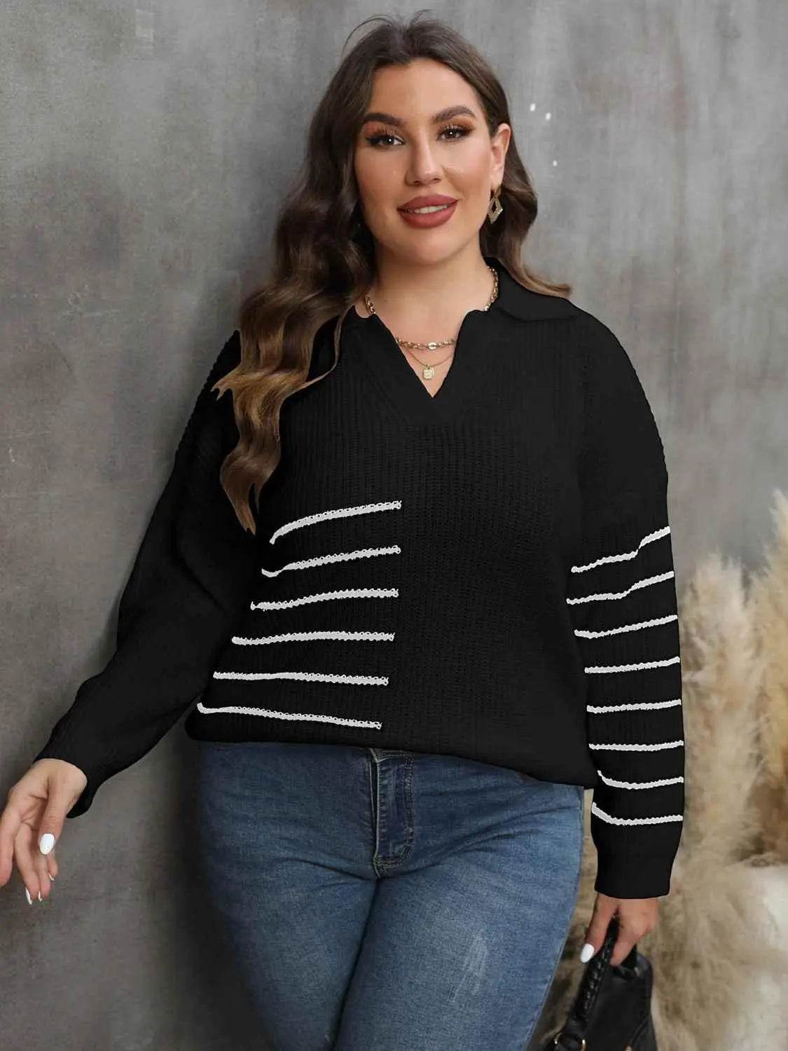 Plus Size Striped V-Neck Sweater women Attire by Trendsi