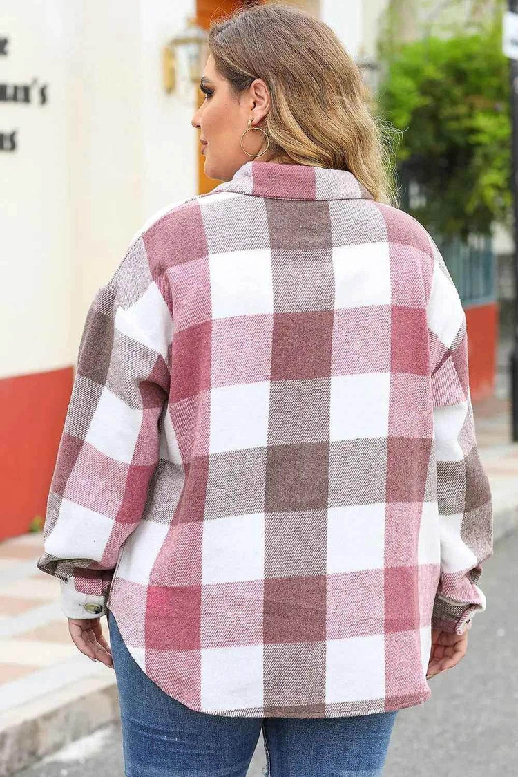 Plus Size Plaid Button Up Collared Neck Jacket women Attire by Trendsi