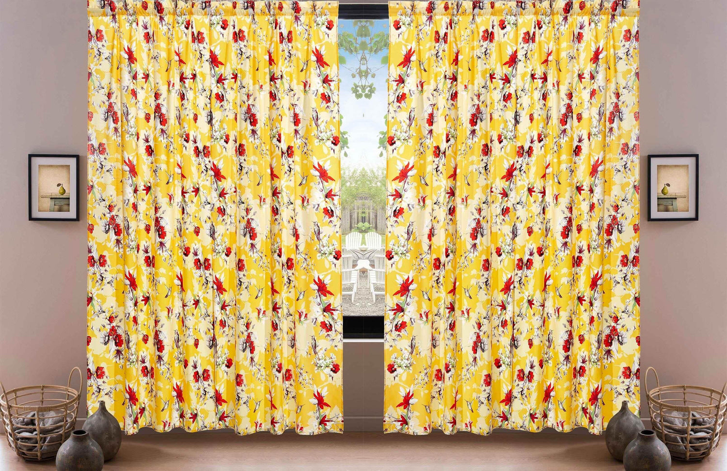 DaDa Bedding Set of 2 Radiant Sunshine Yellow Floral Window Curtain Panels - Natural Semi Sheer Hummingbirds Farmhouse Red Flowers Straight Tailored Edge Curtains by DaDalogy Bedding Collection
