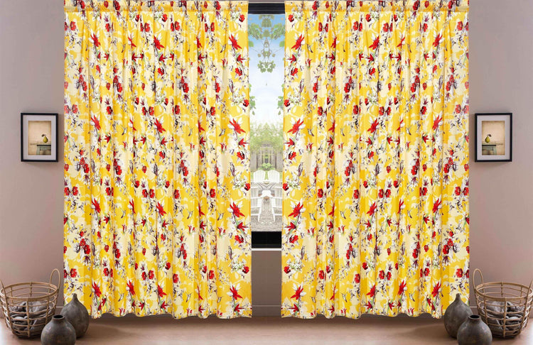 DaDa Bedding Set of 2 Radiant Sunshine Yellow Floral Window Curtain Panels - Natural Semi Sheer Hummingbirds Farmhouse Red Flowers Straight Tailored Edge Curtains by DaDalogy Bedding Collection