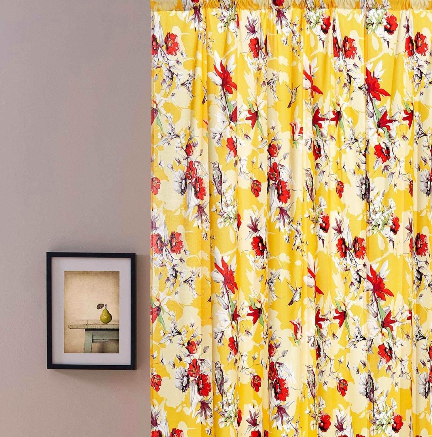 DaDa Bedding Set of 2 Radiant Sunshine Yellow Floral Window Curtain Panels - Natural Semi Sheer Hummingbirds Farmhouse Red Flowers Straight Tailored Edge Curtains by DaDalogy Bedding Collection