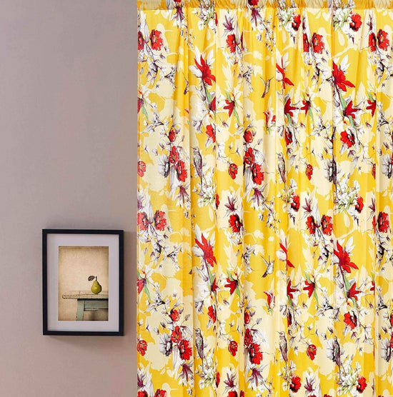 DaDa Bedding Set of 2 Radiant Sunshine Yellow Floral Window Curtain Panels - Natural Semi Sheer Hummingbirds Farmhouse Red Flowers Straight Tailored Edge Curtains by DaDalogy Bedding Collection